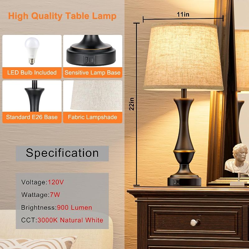 Photo 1 of Upgraded Touch Lamps for Bedrooms Set of 2 - Nightstand Table Lamp with USB C+A, 3 Way Dimmable Bedside Lamps for Living Room End Tables, Farmhouse Night Stand Lamps for Office(Bulb Included)
