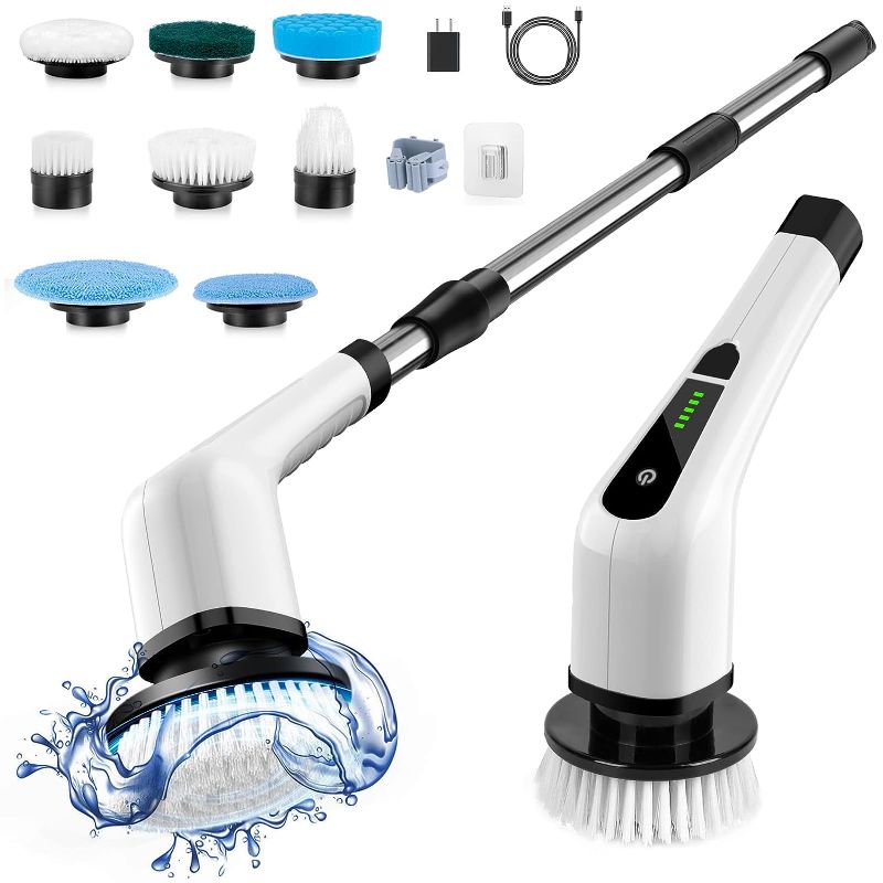 Photo 1 of Cordless Electric Spin Scrubber,Cleaning Brush Scrubber for Home, 400RPM/Mins-8 Replaceable Brush Heads-90Mins Work Time,3 Adjustable Size,2 Adjustable Speeds for Bathroom Shower Bathtub Glass Car
