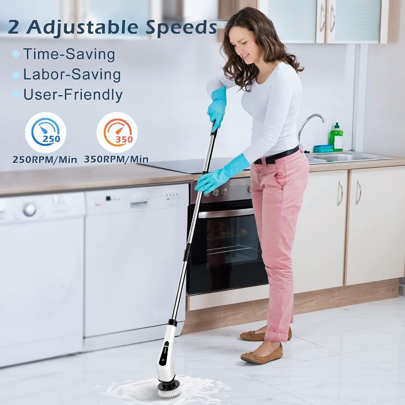 Photo 2 of Cordless Electric Spin Scrubber,Cleaning Brush Scrubber for Home, 400RPM/Mins-8 Replaceable Brush Heads-90Mins Work Time,3 Adjustable Size,2 Adjustable Speeds for Bathroom Shower Bathtub Glass Car
