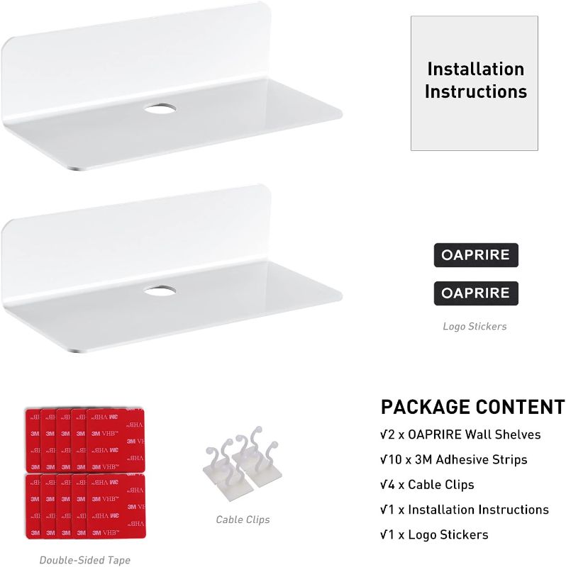 Photo 3 of OAPRIRE White Floating Shelves Wall Mounted Set of 2 - Easily Expand Wall Space - Acrylic Hanging Shelves for Bedroom, Gaming Room, Living Room, Bathroom, Office with Cable Clips
