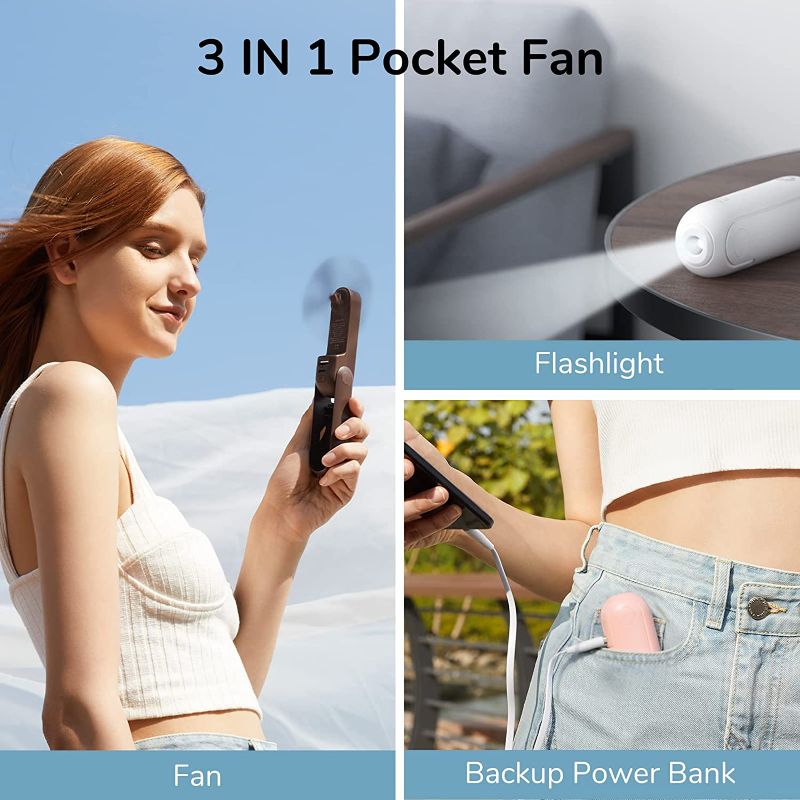 Photo 2 of JISULIFE Handheld Mini Fan, 3 IN 1 Hand Fan, Portable USB Rechargeable Small Pocket Fan, Battery Operated Fan [14-21 Working Hours] with Power Bank, Flashlight Feature for Women,Travel,Outdoor-White
