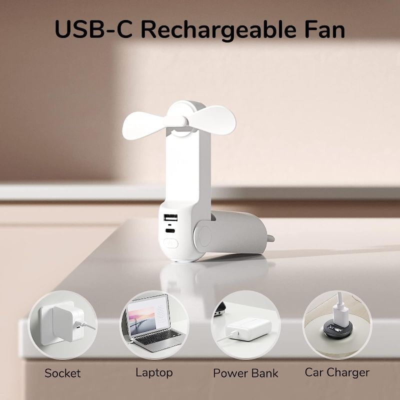 Photo 3 of JISULIFE Handheld Mini Fan, 3 IN 1 Hand Fan, Portable USB Rechargeable Small Pocket Fan, Battery Operated Fan [14-21 Working Hours] with Power Bank, Flashlight Feature for Women,Travel,Outdoor-White
