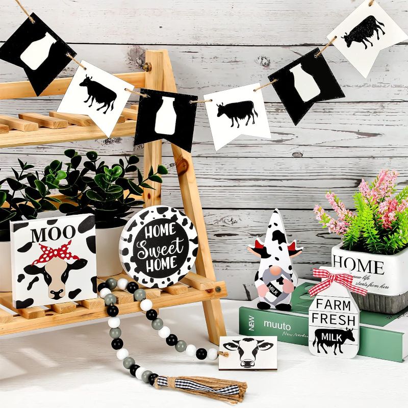 Photo 2 of 10 Pieces Farmhouse Tiered Tray Decor Set Cow Wooden Signs Rustic Farmhouse Decor Summer Hierarchical Tray Decorative with String Lights Tiered Tray Decorations for Home Kitchen Table
