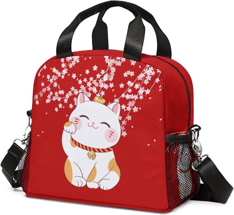 Photo 2 of Lucky Cat Lunch Bag, Insulated Red Cat Lunch Box with Shoulder Strap, Large Capacity Durable Lunch Tote Bag with Pockets, Waterproof Lunch Bag for Women Teens Girls Mom(Lucky Cat)
