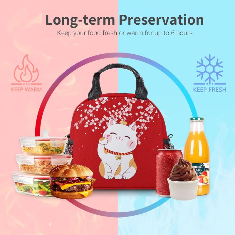 Photo 1 of Lucky Cat Lunch Bag, Insulated Red Cat Lunch Box with Shoulder Strap, Large Capacity Durable Lunch Tote Bag with Pockets, Waterproof Lunch Bag for Women Teens Girls Mom(Lucky Cat)
