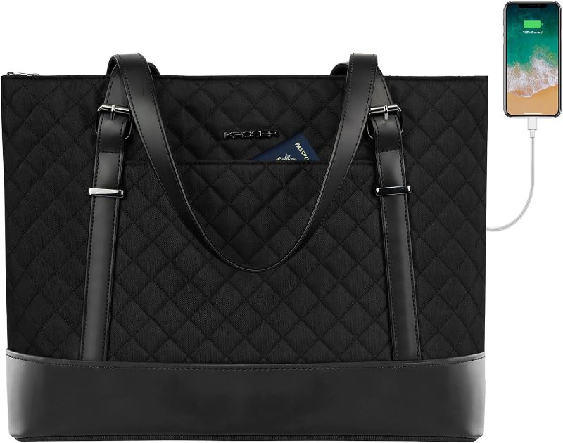 Photo 2 of KROSER Laptop Tote Bag 15.6 Inch with USB Port, Large Work Tote Bag Computer Shoulder Bag for Women, Laptop Carrying Case Stylish Handbag Gift for Office Business Travel(Quilted)
