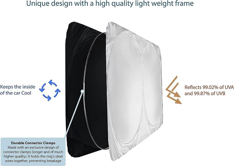Photo 3 of Windshield Sun Shade - The Only Certified Car Sun Shade Proven to Block 99.87% UV Rays - Car Sun Shade Windshield – Patented Design for More Durability - Car Windshield Sun Shade-(S)
