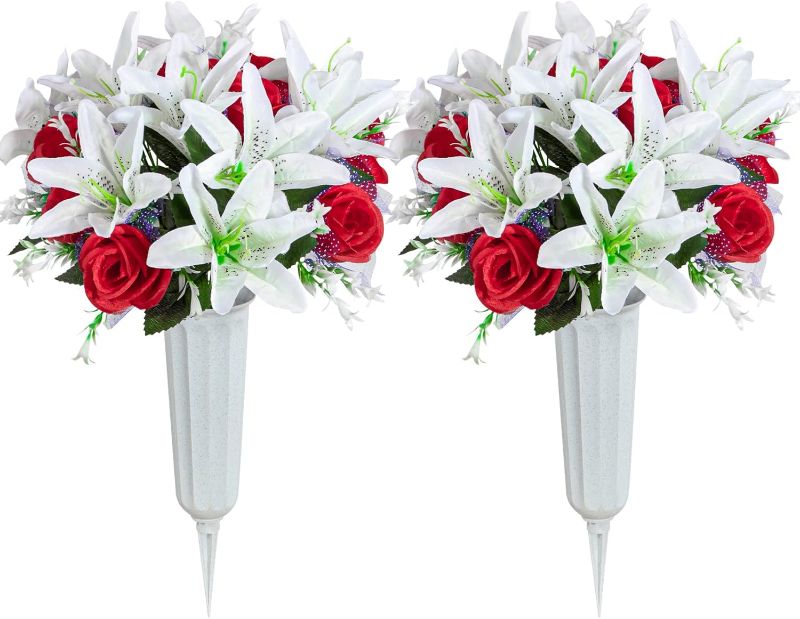Photo 1 of Artificial Cemetery Flowers with Vase, Set of 2 Artificial Rose Lily Bouquet Grave Memorial Flowers for Cemetery Graveyard Headstones Decoration (Red, Self-Assemble)
