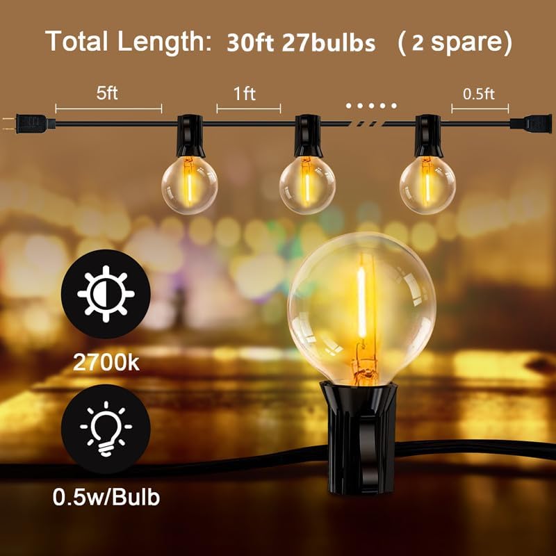 Photo 3 of LED Outdoor String Lights-30 Ft for Waterproof Patio Lights with 30 Edison Bulbs(2 Spare), Shatterproof G40 Globe String Lights Decorative for Backyard Balcony Bistro Party Cafe
