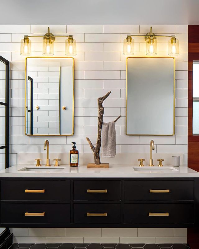 Photo 2 of Gold Bathroom Light Fixtures, 3-Light Vanity Light Over Mirror Lighting with Cylinder Glass Shade, KW-7306-3
