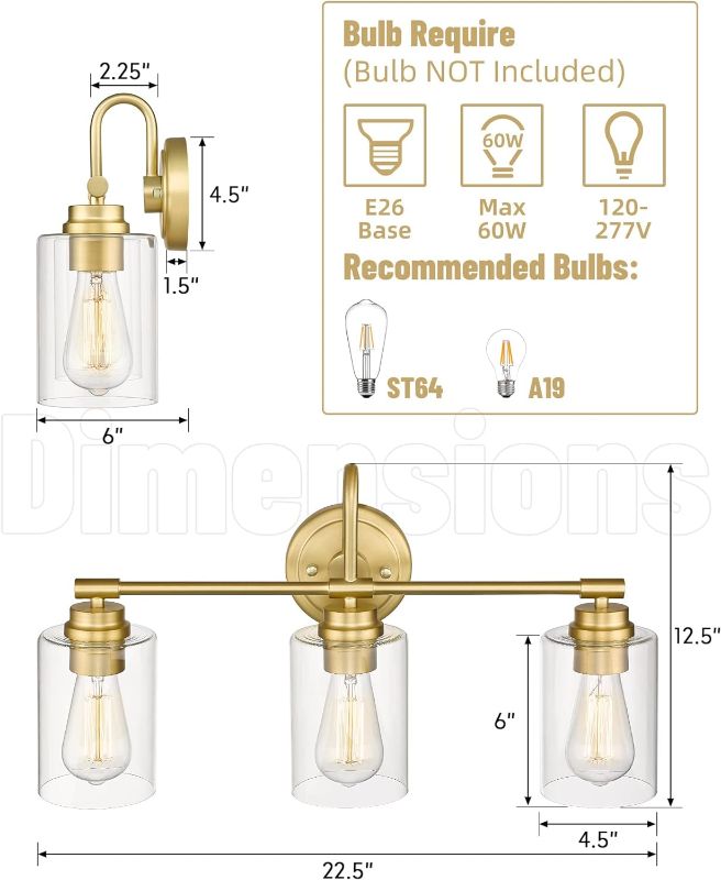 Photo 3 of Gold Bathroom Light Fixtures, 3-Light Vanity Light Over Mirror Lighting with Cylinder Glass Shade, KW-7306-3
