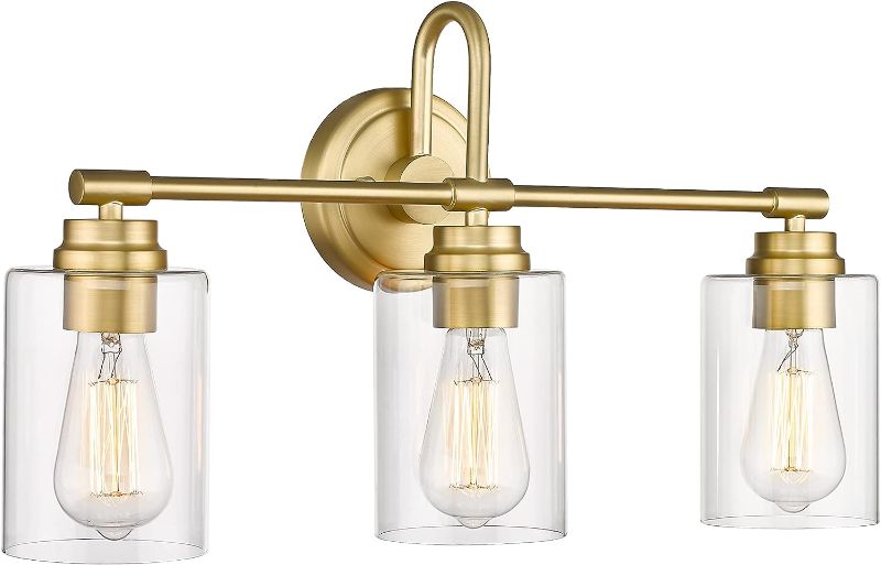 Photo 1 of Gold Bathroom Light Fixtures, 3-Light Vanity Light Over Mirror Lighting with Cylinder Glass Shade, KW-7306-3
