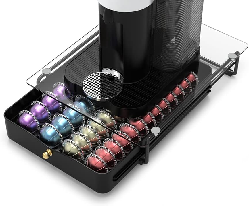 Photo 1 of EVERIE Crystal Tempered Glass Top Organizer Drawer Holder Compatible with Nespresso Vertuo Capsules, Compatible with 40 Big or 52 Small Vertuoline Pods, NP02
