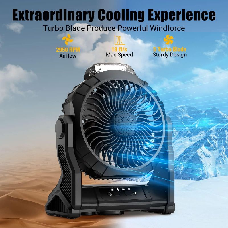 Photo 1 of Portable Camping Fan with Lights, 20000mAh Detachable Rechargeable Battery Operated Fan, Battery Powered Outdoor Tent Fan with 4 Speeds & Hook,...
