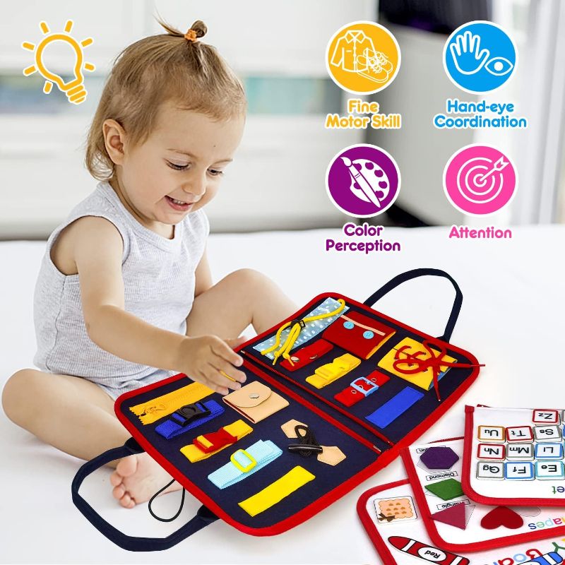 Photo 2 of Busy Board for Toddlers, Sensory Activity Board for Preschool Learning, Quiet Book Montessori Educational Toys for Autism with Zipper Removable...
