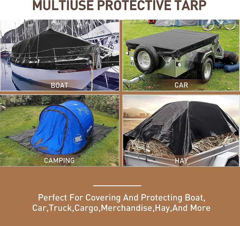 Photo 2 of Heavy Duty Tarp Cover, Waterproof Black Tarpaulin with Reinforced Webbing Loops, 15 Mil Thick Multi-Purpose Large Oxford Canvas Tarp for Roof, Camping, Pool, Durable, Rip & Tear Proof
