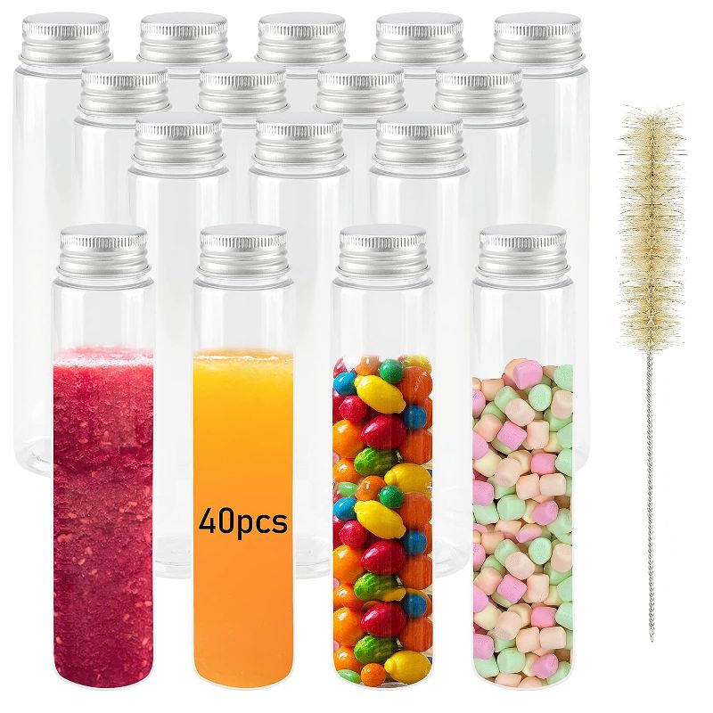 Photo 2 of 50 PCS Clear Plastic Test Tubes with Screw Caps, Flat Test Tubes, Plastic Storage Tubes for Bath Salt and Candy Storage, Science Party Favors
