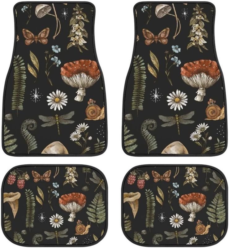 Photo 2 of Delerain Mushrooms Snails Butterflies 4-Piece Car Floor Mats Front and Rear Rubber Backing Carpet, Auto Foot Mats All Weather Universal Fit Car Decor Accessories Fit for SUV, Vans, Sedans, Trucks
