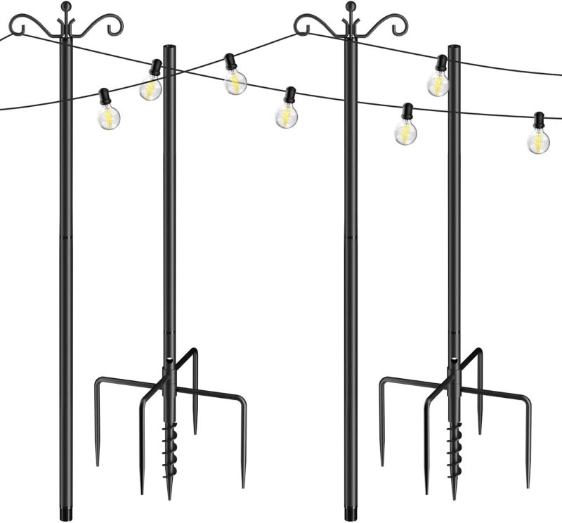 Photo 3 of String Light Poles for Outside 2 Pack, Outdoor Light Poles for String Lights with 5-Prong Base and Spiral Ground Anchor, 8.5 ft Heavy Duty Metal Posts for Backyard Garden Patio Christmas Lighting
