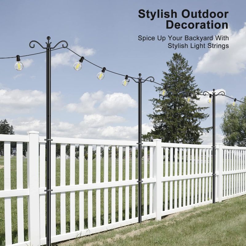 Photo 1 of String Light Poles for Outside 2 Pack, Outdoor Light Poles for String Lights with 5-Prong Base and Spiral Ground Anchor, 8.5 ft Heavy Duty Metal Posts for Backyard Garden Patio Christmas Lighting
