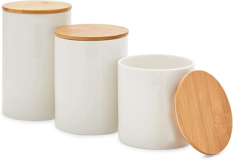 Photo 2 of Set of 3 Ceramic Kitchen Canisters with Wooden Bamboo Lids (3 Sizes)
