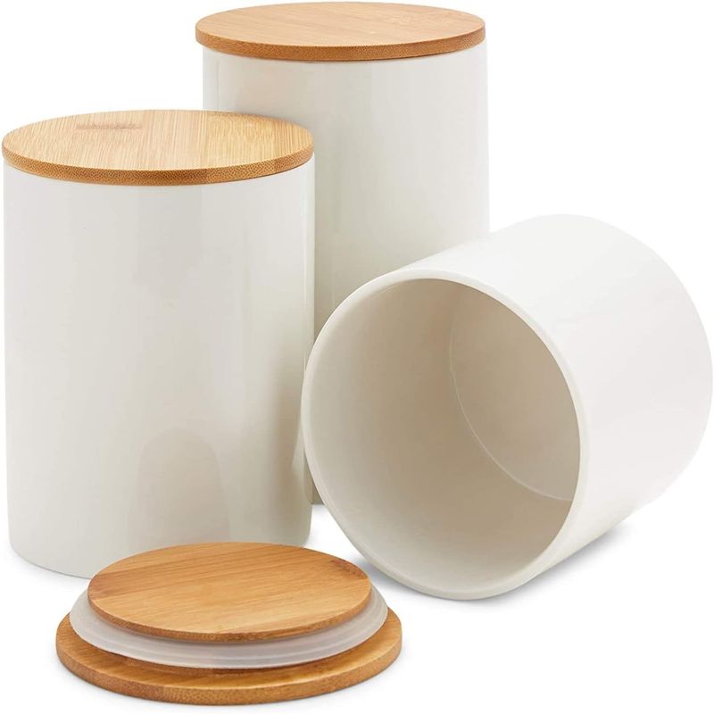 Photo 3 of Set of 3 Ceramic Kitchen Canisters with Wooden Bamboo Lids (3 Sizes)
