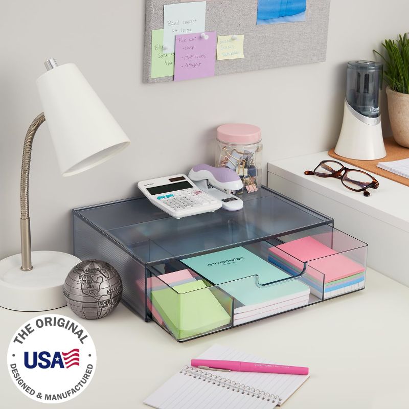 Photo 3 of STORi STAX Plastic Stackable Divided 3-Compartment Organizer Drawer in Classic Grey | Wide | Organize Office Desk Accessories and Sort Letter-Size Paper | Made in USA
