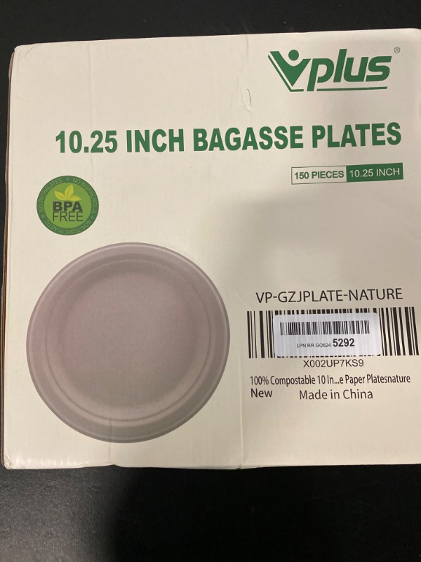 Photo 4 of Vplus 150 Pack Compostable Disposable Paper Plates made of 100% Bagasse Natural Biodegradable Eco-Friendly Sugarcane, Super Strong, 10 inch (white)
