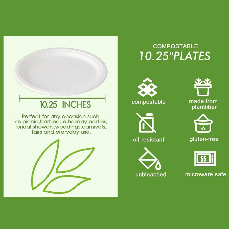 Photo 3 of Vplus 150 Pack Compostable Disposable Paper Plates made of 100% Bagasse Natural Biodegradable Eco-Friendly Sugarcane, Super Strong, 10 inch (white)
