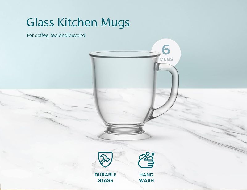 Photo 3 of Kook Clear Glass Coffee Mugs, 15 oz, Set of 6, with Handles, Tea Cups, for Drinking Hot Beverages, Latte, Cappuccino, Espresso, Large Capacity, 15 oz, Set of 6
