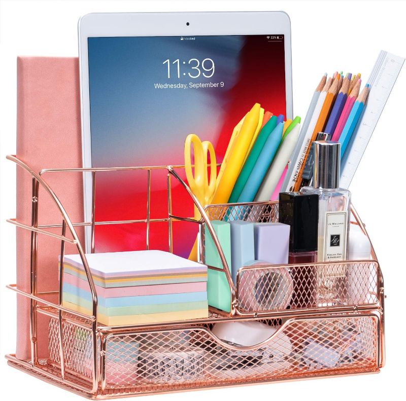 Photo 1 of ARCOBIS Rose Gold Desk Organizer with Drawer for Women, Office Desktop Pen Holder Caddy with 5 Compartments + 1 Large Drawer | The Mesh Collection
