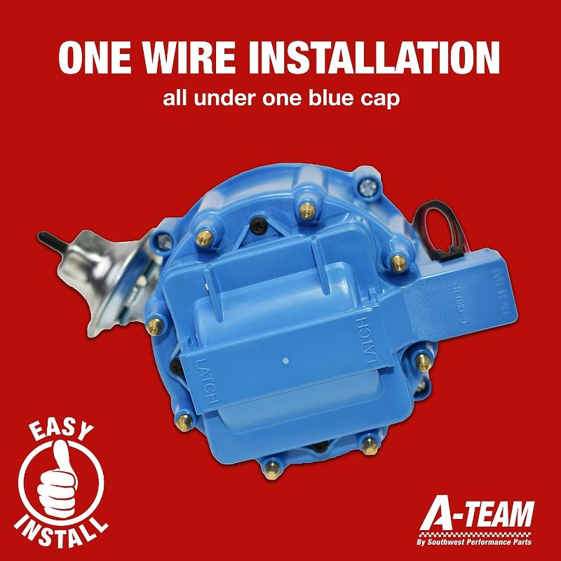 Photo 2 of A-Team Performance HEI Complete Distributor 65K Coil, 8 Cylinders, Big Block Compatible With Ford 351 C 351M 400M 429 460 V8 One-Wire Installation, Blue Cap
