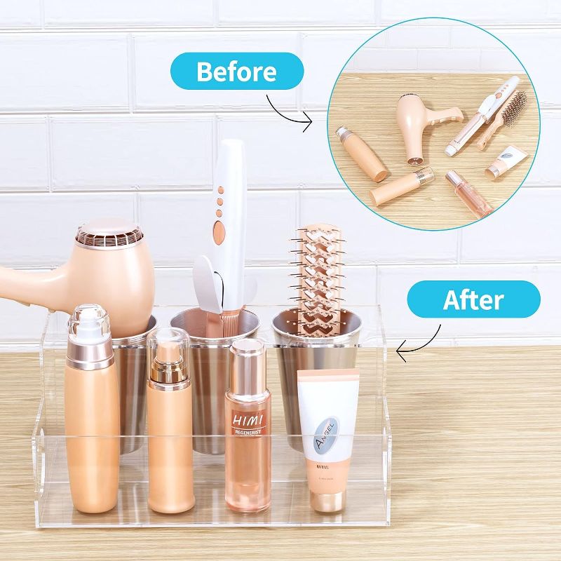 Photo 3 of HIIMIEI Hair Tools Organizer Clear Acrylic Hair Dryer Holder Countertop Blow Dryer Stand Storage for Vanity Bathroom with 3 Cups
