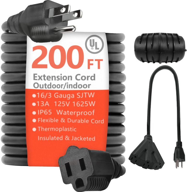 Photo 1 of 200 ft Black Outdoor Extension Cord -  Electric CableCords with Multiple Plug Outlet&Safety Cover -200 ft feet Extension Cord Ideal for Lawn
