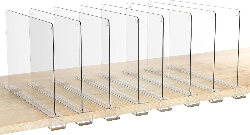 Photo 2 of HBlife 8 Pack Clear Shelf Dividers, Vertical Purse Organizer for Closet Perfect for Sweater, Shirts, Handbags in Bedroom and Kitchen, Adjustable Acrylic Bookshelf for Organization
