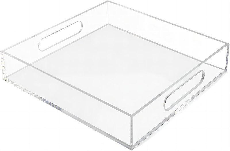 Photo 1 of Clear Acrylic Tray 10"x10" in, Serving Tray with Handles, Acrylic Trays for Serving, Spill Proof, Coffee Trays, Serving Trays, Food Trays, Ottoman Dressing Tables, Square Tray
