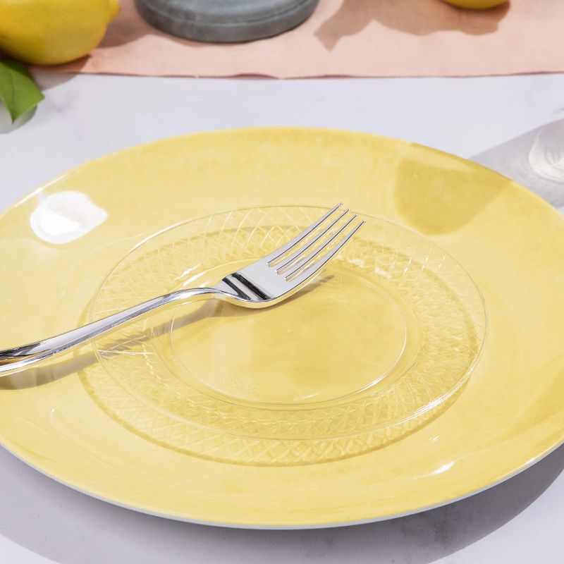 Photo 1 of 50 Dinner/ 50 Salad- Set of 100 Clear Plastic Plates, 6.25" Clear Dessert Plates, Round Party Plates, Elegant Appetizer Plates Disposable, Heavy Duty Wedding Plates, Small Cake Plates for Weddings and Holidays
