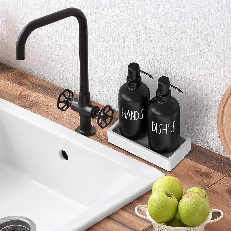 Photo 3 of Black Glass Kitchen Soap Dispenser Set with Tray by Brighter Barns - Hand and Dish Soap Dispenser for Kitchen Sink - Farmhouse Soap Dispenser Set - Modern Home Decor & Farmhouse Kitchen Decor (Black)
