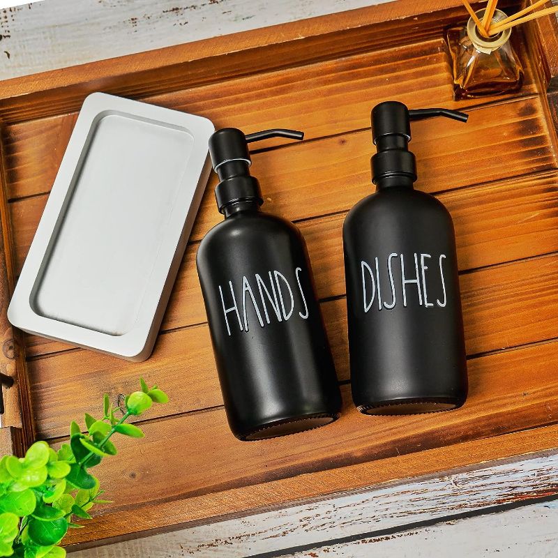 Photo 4 of Black Glass Kitchen Soap Dispenser Set with Tray by Brighter Barns - Hand and Dish Soap Dispenser for Kitchen Sink - Farmhouse Soap Dispenser Set - Modern Home Decor & Farmhouse Kitchen Decor (Black)
