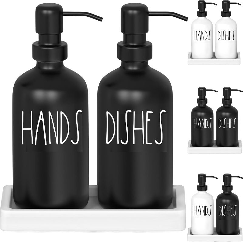 Photo 1 of Black Glass Kitchen Soap Dispenser Set with Tray by Brighter Barns - Hand and Dish Soap Dispenser for Kitchen Sink - Farmhouse Soap Dispenser Set - Modern Home Decor & Farmhouse Kitchen Decor (Black)
