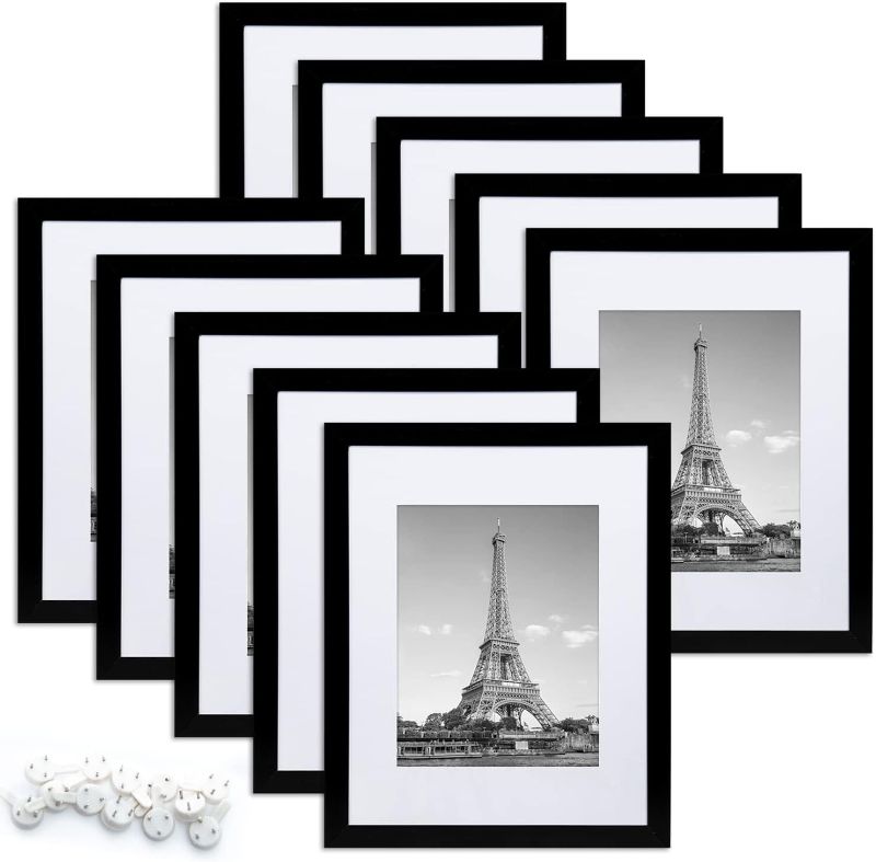 Photo 2 of UPSIMPLES - 8x10 Picture Frame Set of 10, Display Pictures 5x7 with Mat or 8x10 Without Mat, Multi Photo Frames Collage for Wall or Tabletop Display, Black
