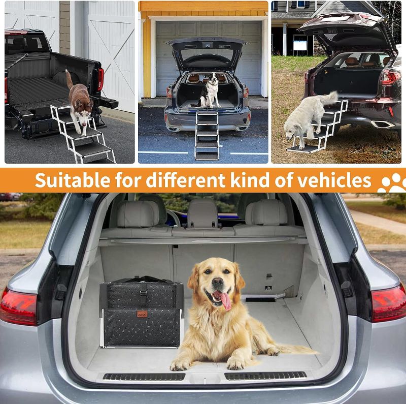 Photo 4 of Dog Car Ramp for Large Dogs, Portable Aluminum Foldable Pet Ladder Ramp with Nonslip Surface for High Beds, Trucks, SUV and Cars, Supports up to 150 lbs, Upgraded 4 Steps
