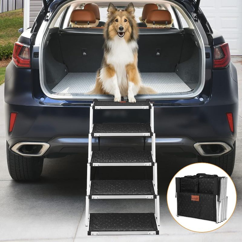 Photo 2 of Dog Car Ramp for Large Dogs, Portable Aluminum Foldable Pet Ladder Ramp with Nonslip Surface for High Beds, Trucks, SUV and Cars, Supports up to 150 lbs, Upgraded 4 Steps
