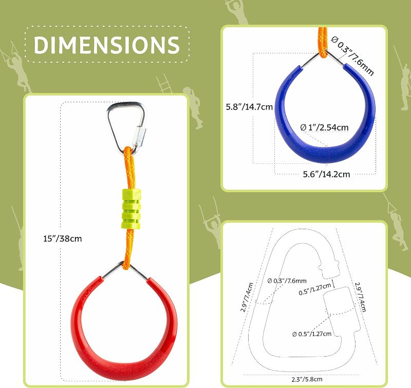 Photo 1 of Cateam Slackline Accessories – Multicolor Gymnastic Rings Set of 2 with carabiners – Monkey bar Rings for Backyard Obstacle Course
