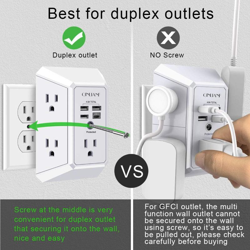 Photo 3 of Wall Charger, Surge Protector, QINLIANF 5 Outlet Extender with 4 USB Charging Ports (4.8A Total) 3-Sided 1680J Power Strip Multi Plug Adapter Spaced for Home Travel Office (3U1C)
