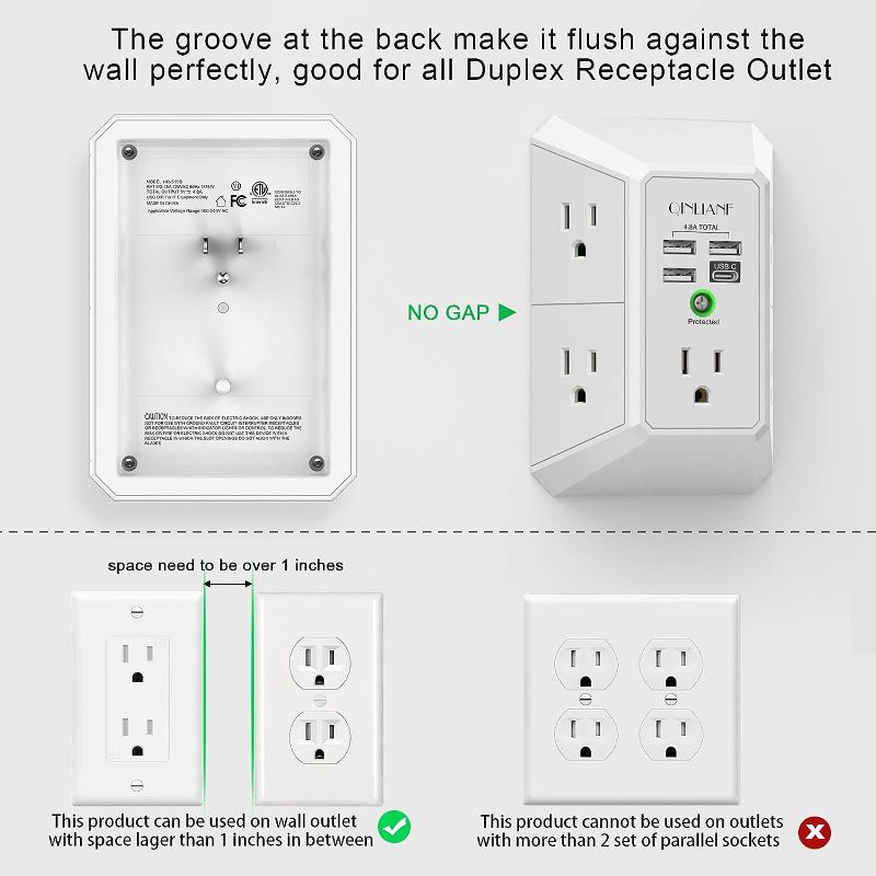 Photo 1 of Wall Charger, Surge Protector, QINLIANF 5 Outlet Extender with 4 USB Charging Ports (4.8A Total) 3-Sided 1680J Power Strip Multi Plug Adapter Spaced for Home Travel Office (3U1C)
