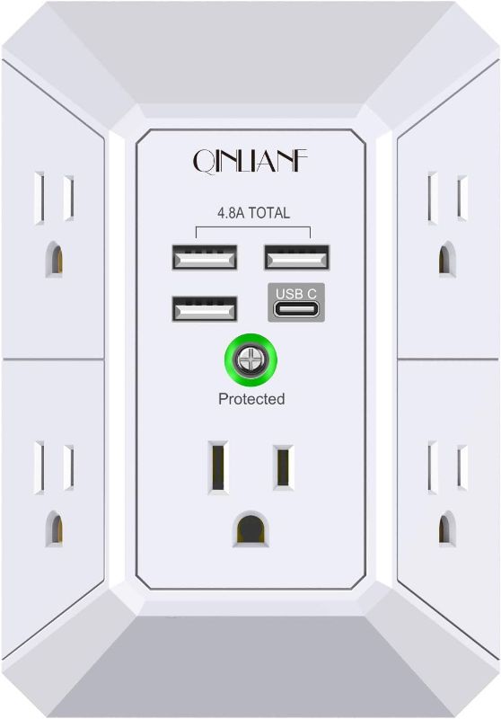 Photo 2 of Wall Charger, Surge Protector, QINLIANF 5 Outlet Extender with 4 USB Charging Ports (4.8A Total) 3-Sided 1680J Power Strip Multi Plug Adapter Spaced for Home Travel Office (3U1C)
