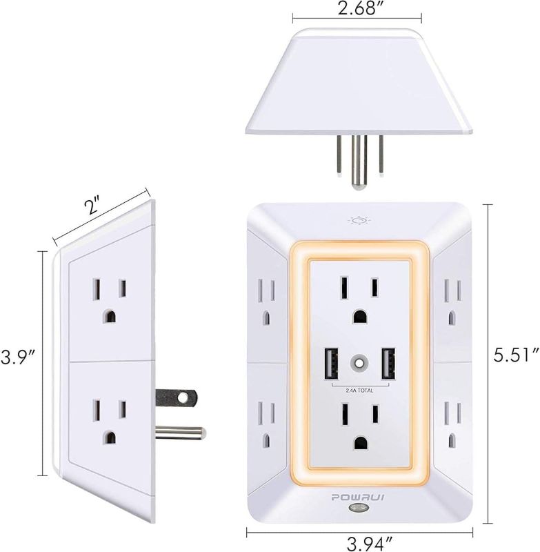 Photo 2 of Wall Charger, Surge Protector, QINLIANF 5 Outlet Extender with 4 USB Charging Ports (4.8A Total) 3-Sided 1680J Power Strip Multi Plug Adapter Spaced for Home Travel Office (3U1C)
