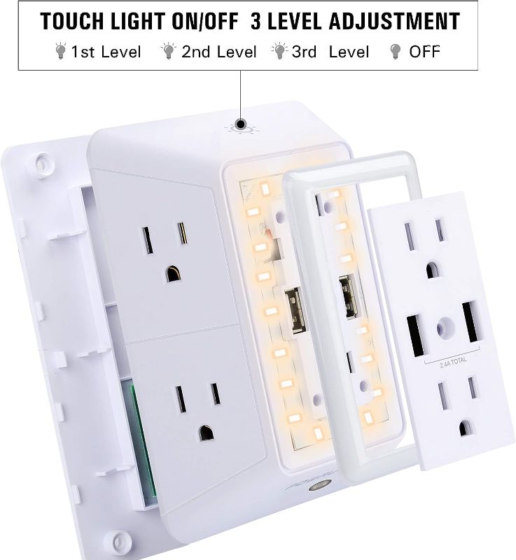 Photo 4 of Wall Charger, Surge Protector, QINLIANF 5 Outlet Extender with 4 USB Charging Ports (4.8A Total) 3-Sided 1680J Power Strip Multi Plug Adapter Spaced for Home Travel Office (3U1C)
