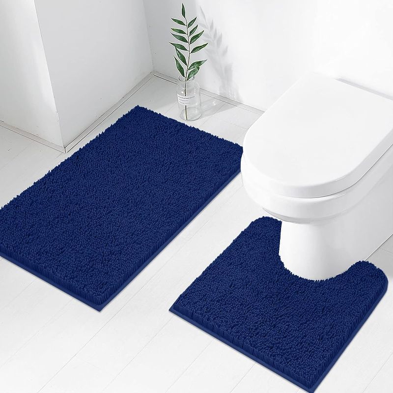 Photo 1 of TREETONE Chenille Bath Mat Bathroom Rugs Set,s Contoured Toilet Mat & 20x32 Inchs Rug,Soft,Water Absorbent Plush Rugs for Tub Shower & Bath Room -Navy Blue
